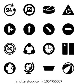 Solid vector icon set - 24 hours vector, no computer sign, pill, round motion road, only forward right, detour, end minimal speed limit, social, time, pause, globe, basin, beach ball