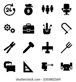 Solid vector icon set - 24 hours vector, money bag, group, office chair, gear, case, casting of steel, fretsaw, bolt cutter, nail, milling, farm fork, machine tool, corner ruler, laser lever