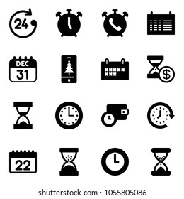 Solid vector icon set - 24 hours vector, alarm clock, phone, schedule, 31 dec calendar, christmas mobile, account history, sand, time, wallet, around