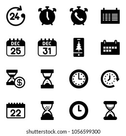 Solid vector icon set - 24 hours vector, alarm clock, phone, schedule, 25 dec calendar, 31, christmas mobile, account history, sand, time, around