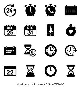 Solid vector icon set - 24 hours vector, alarm clock, phone, schedule, 25 dec calendar, 31, christmas mobile, stopwatch heart, account history, time, around, sand
