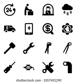 Solid vector icon set - 24 hours vector, baby room, officer window, money rain, encashment car, mobile payment, click, gear globe, rubber hammer, wrench, plumber, screwdriver, jack, allen key