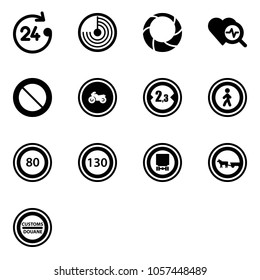 Solid vector icon set - 24 hours vector, radar, christmas wreath, heart diagnosis, prohibition road sign, no moto, limited width, pedestrian, speed limit 80, 130, dangerous cargo, cart horse