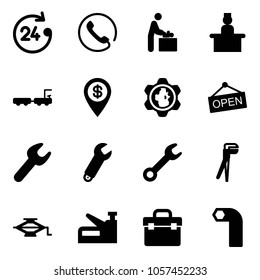 Solid vector icon set - 24 hours vector, phone, baby room, recieptionist, baggage truck, dollar pin, gear globe, open, wrench, plumber, jack, stapler, tool box, allen key