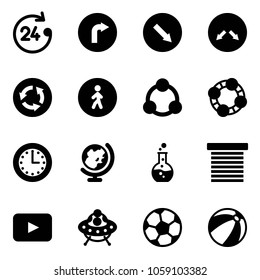 Solid vector icon set - 24 hours vector, only right road sign, detour, circle, pedestrian way, social, friends, time, globe, round flask, jalousie, playback, ufo toy, soccer ball, beach