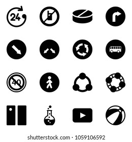 Solid vector icon set - 24 hours vector, no mobile sign, pill, only right road, detour, circle, bus, end minimal speed limit, pedestrian way, social, friends, pause, round flask, playback