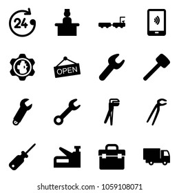 Solid vector icon set - 24 hours vector, recieptionist, baggage truck, mobile payment, gear globe, open, wrench, rubber hammer, plumber, screwdriver, stapler, tool box, toy