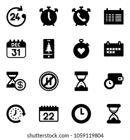 Solid vector icon set - 24 hours vector, alarm clock, phone, schedule, 31 dec calendar, christmas mobile, stopwatch heart, account history, no parking even road sign, sand, wallet time, around