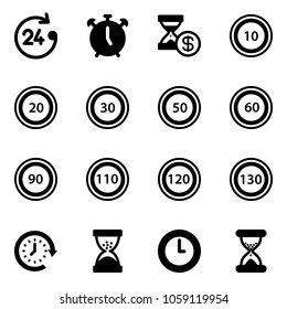 Solid vector icon set - 24 hours vector, alarm clock, account history, speed limit 10 road sign, 20, 30, 50, 60, 90, 110, 120, 130, around, sand