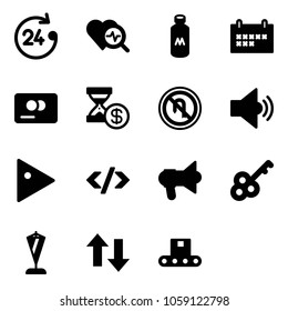 Solid vector icon set - 24 hours vector, heart diagnosis, milk, schedule, credit card, account history, no turn back road sign, volume medium, play, tag code, megaphone, key, pennant, up down arrows