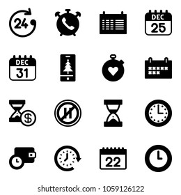 Solid vector icon set - 24 hours vector, phone alarm, schedule, 25 dec calendar, 31, christmas mobile, stopwatch heart, account history, no parking even road sign, sand clock, time, wallet, around
