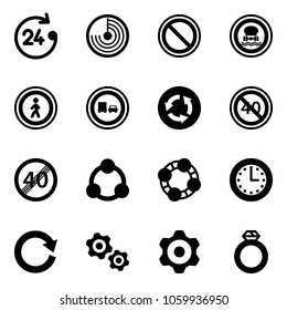 Solid vector icon set - 24 hours vector, radar, prohibition road sign, no dangerous cargo, pedestrian, truck overtake, circle, end minimal speed limit, social, friends, time, reload, gears, gear