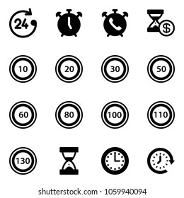 Solid vector icon set - 24 hours vector, alarm clock, phone, account history, speed limit 10 road sign, 20, 30, 50, 60, 80, 100, 110, 130, sand, time, around