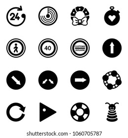 Solid vector icon set - 24 hours vector, radar, christmas wreath, stopwatch heart, no pedestrian road sign, speed limit 40, customs, only forward, detour, right, friends, reload, play, lifebuoy