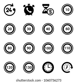 Solid vector icon set - 24 hours vector, phone alarm, account history, speed limit 10 road sign, 20, 30, 40, 60, 80, 90, 100, 110, 120, 130, time, clock around