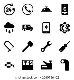 Solid vector icon set - 24 hours vector, phone, client bell, mobile payment, money rain, encashment car, gear globe, fretsaw, rubber hammer, wrench, screwdriver, jack, tool box, stapler, allen key