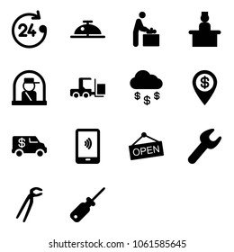 Solid vector icon set - 24 hours vector, client bell, baby room, recieptionist, officer window, fork loader, money rain, dollar pin, encashment car, mobile payment, open, wrench, plumber