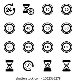 Solid vector icon set - 24 hours vector, account history, speed limit 10 road sign, 20, 30, 40, 50, 80, 90, 100, 110, 130, sand clock, around
