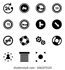 Solid vector icon set - 24 hours vector, no moto road sign, trailer, speed limit 30, 70, cart horse, only forward right, detour, end overtake, friends, gears, circle chart, star man, jalousie