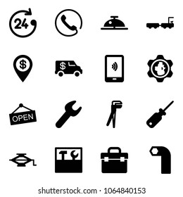 Solid vector icon set - 24 hours vector, phone, client bell, baggage truck, dollar pin, encashment car, mobile payment, gear globe, open, wrench, plumber, screwdriver, jack, tool box, allen key