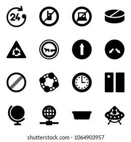 Solid vector icon set - 24 hours vector, no mobile sign, computer, pill, round motion road, cart horse, only forward, detour, limit, friends, time, pause, globe, basin, ufo toy
