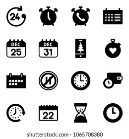 Solid vector icon set - 24 hours vector, alarm clock, phone, schedule, 25 dec calendar, 31, christmas mobile, stopwatch heart, no parking even road sign, time, wallet, around, sand