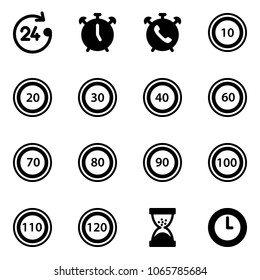 Solid vector icon set - 24 hours vector, alarm clock, phone, speed limit 10 road sign, 20, 30, 40, 60, 70, 80, 90, 100, 110, 120, sand