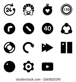 Solid vector icon set - 24 hours vector, christmas wreath, stopwatch heart, speed limit 130 road sign, only right, detour, minimal, social, lifebuoy, redo, fast forward, pause, record, gear