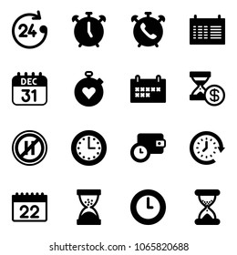 Solid vector icon set - 24 hours vector, alarm clock, phone, schedule, 31 dec calendar, stopwatch heart, account history, no parking even road sign, time, wallet, around, sand