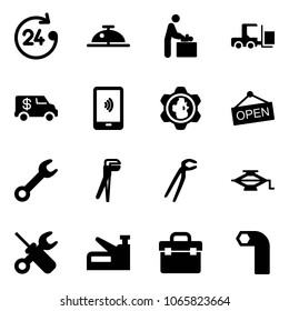 Solid vector icon set - 24 hours vector, client bell, baby room, fork loader, encashment car, mobile payment, gear globe, open, wrench, plumber, jack, screwdriver, stapler, tool box, allen key