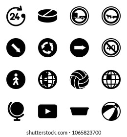 Solid vector icon set - 24 hours vector, pill, no trailer road sign, cart horse, detour, circle, only right, end minimal speed limit, pedestrian way, globe, volleyball, playback, basin, beach ball