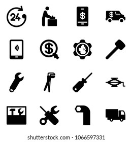 Solid vector icon set - 24 hours vector, baby room, mobile payment, encashment car, money click, gear globe, rubber hammer, wrench, plumber, screwdriver, jack, tool box, allen key, truck toy