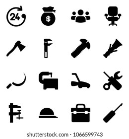 Solid vector icon set - 24 hours vector, money bag, group, office chair, axe, screw, dowel, sickle, machine tool, lawn mower, wrench screwdriver, clamp, construction helmet, box, awl