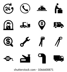 Solid vector icon set - 24 hours vector, phone, client bell, baby room, officer window, fork loader, dollar pin, encashment car, money click, wrench, plumber, jack, stapler, allen key, truck toy