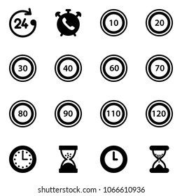 Solid vector icon set - 24 hours vector, phone alarm, speed limit 10 road sign, 20, 30, 40, 60, 70, 80, 90, 110, 120, time, sand clock