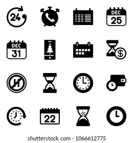 Solid vector icon set - 24 hours vector, phone alarm, schedule, 25 dec calendar, 31, christmas mobile, account history, no parking even road sign, sand clock, time, wallet, around