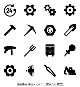 Solid vector icon set - 24 hours vector, heart gear, hammer, axe, nut, tile drill, machine, farm fork, tool cabinet, oiler, allen key set, forceps, excavator toy