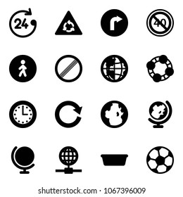 Solid vector icon set - 24 hours vector, round motion road sign, only right, end minimal speed limit, pedestrian way, no, globe, friends, time, reload, basin, soccer ball