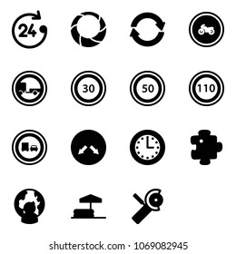 Solid vector icon set - 24 hours vector, christmas wreath, exchange, no moto road sign, trailer, speed limit 30, 50, 110, truck overtake, detour, time, puzzle, man globe, inflatable pool