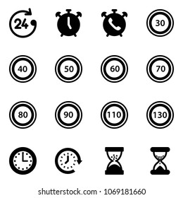 Solid vector icon set - 24 hours vector, alarm clock, phone, speed limit 30 road sign, 40, 50, 60, 70, 80, 90, 110, 130, time, around, sand