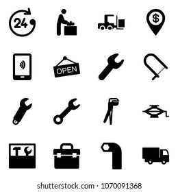 Solid vector icon set - 24 hours vector, baby room, fork loader, dollar pin, mobile payment, open, wrench, fretsaw, plumber, jack, tool box, allen key, truck toy