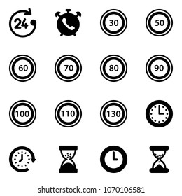 Solid vector icon set - 24 hours vector, phone alarm, speed limit 30 road sign, 50, 60, 70, 80, 90, 100, 110, 130, time, clock around, sand