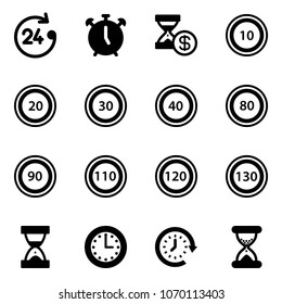 Solid vector icon set - 24 hours vector, alarm clock, account history, speed limit 10 road sign, 20, 30, 40, 80, 90, 110, 120, 130, sand, time, around