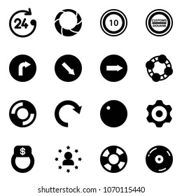 Solid vector icon set - 24 hours vector, christmas wreath, speed limit 10 road sign, customs, only right, detour, friends, lifebuoy, redo, record, gear, finger ring, star man, cd