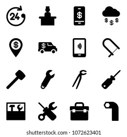 Solid vector icon set - 24 hours vector, recieptionist, mobile payment, money rain, dollar pin, encashment car, fretsaw, rubber hammer, wrench, plumber, screwdriver, tool box, allen key