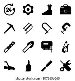Solid vector icon set - 24 hours vector, gear, success, case, axe, bucksaw, fretsaw, clamp, drill, tile, jig saw, winch, lawn mower, brush, rasp, wrench screwdriver