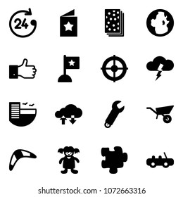 Solid vector icon set - 24 hours vector, star postcard, breads, globe, finger up, flag, target, storm, hotel, cloud exchange data, wrench, wheelbarrow, boomerang, doll, puzzle, toy car
