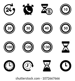 Solid vector icon set - 24 hours vector, phone alarm, account history, speed limit 10 road sign, 20, 30, 40, 50, 100, 120, 130, sand clock, time, around