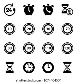 Solid vector icon set - 24 hours vector, alarm clock, phone, account history, speed limit 10 road sign, 20, 30, 70, 80, 90, 110, 120, sand, time