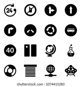 Solid vector icon set - 24 hours vector, no mobile sign, only forward right road, detour, circle, bus, minimal speed limit, pause, globe, round flask, chart, jalousie, ufo toy